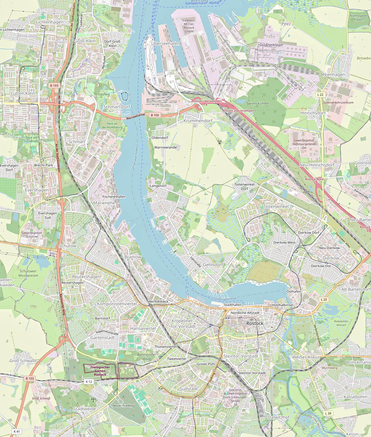 Übersichtskarte mit den Standorten der Stadtteil- und Begegnungszentren in Rostock