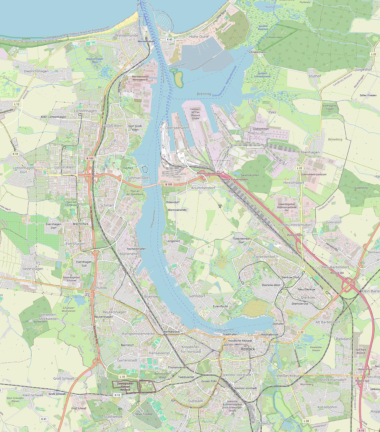 Übersichtskarte mit den Standorten der Zentralbibliothek und der Stadtteilbibliotheken in Rostock