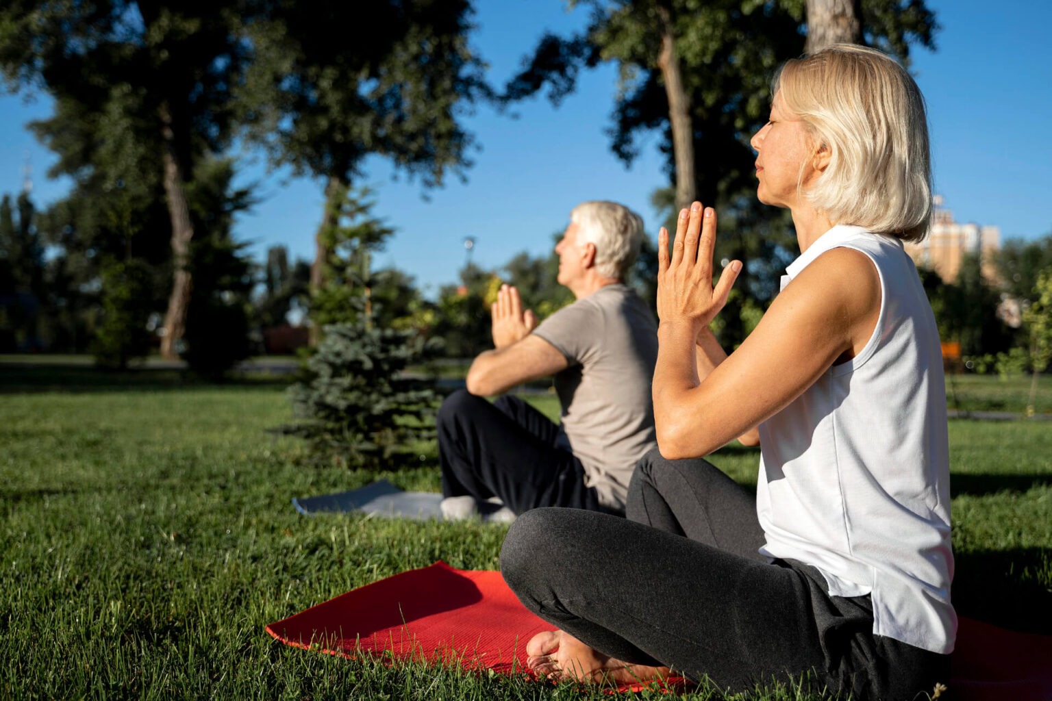 Zwei ältere Menschen praktizieren Yoga im Park